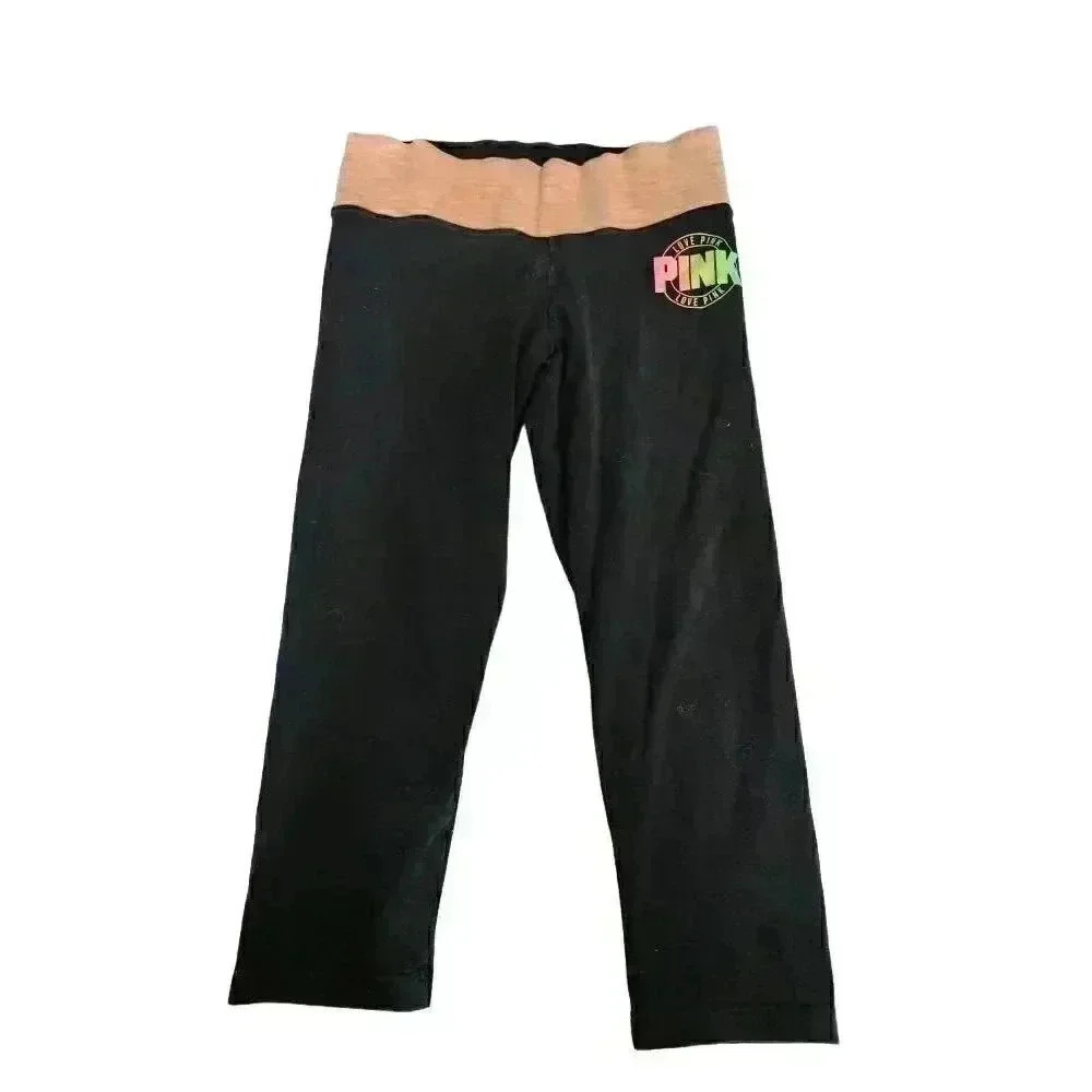 Victoria's Secret Womens Active Capri Pants Pull On Yoga Gym Black Pink Small